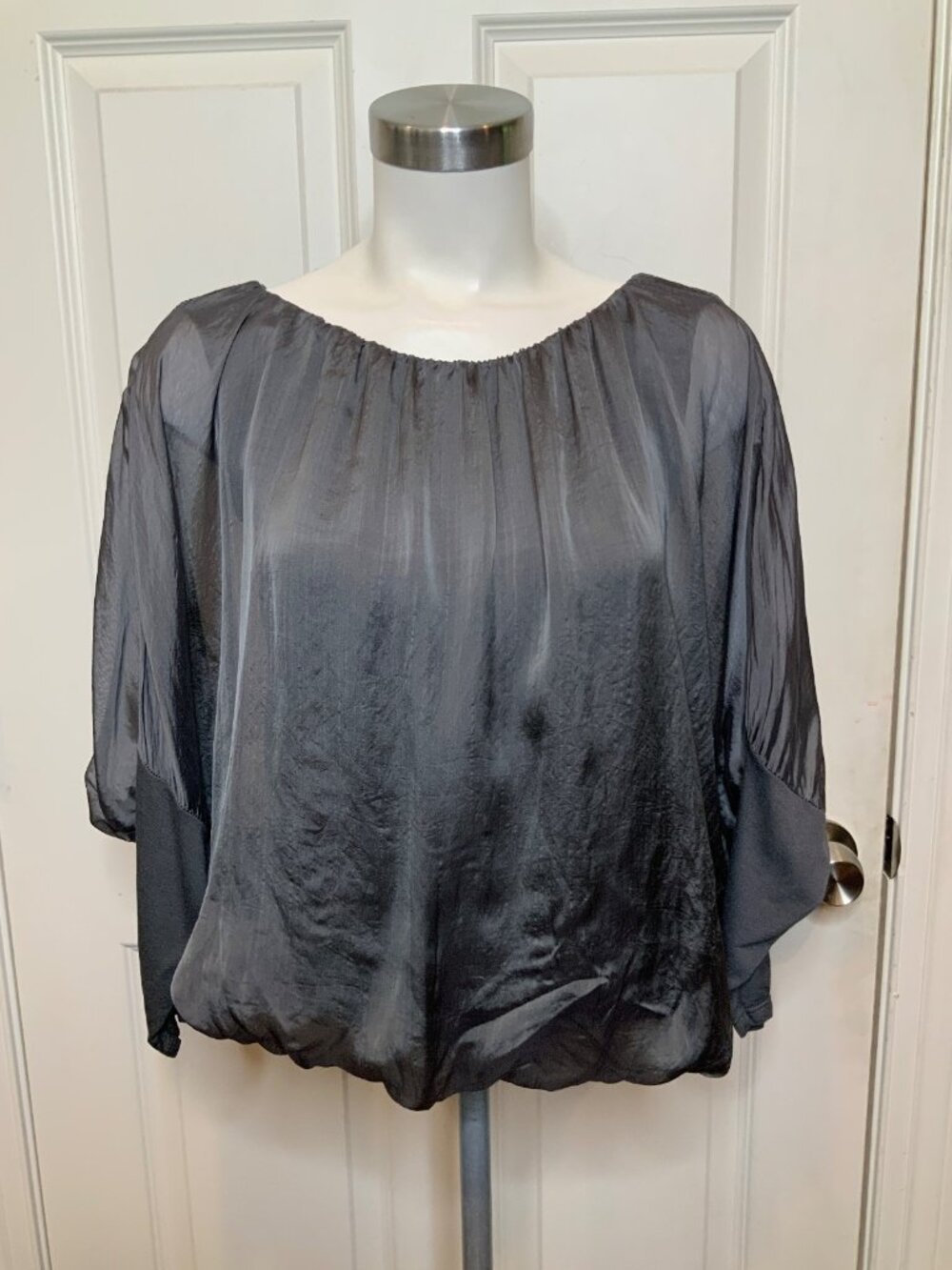 Giusy Gray Silk Blend Sheer Batwing Sleeve Top Shirt, Size S